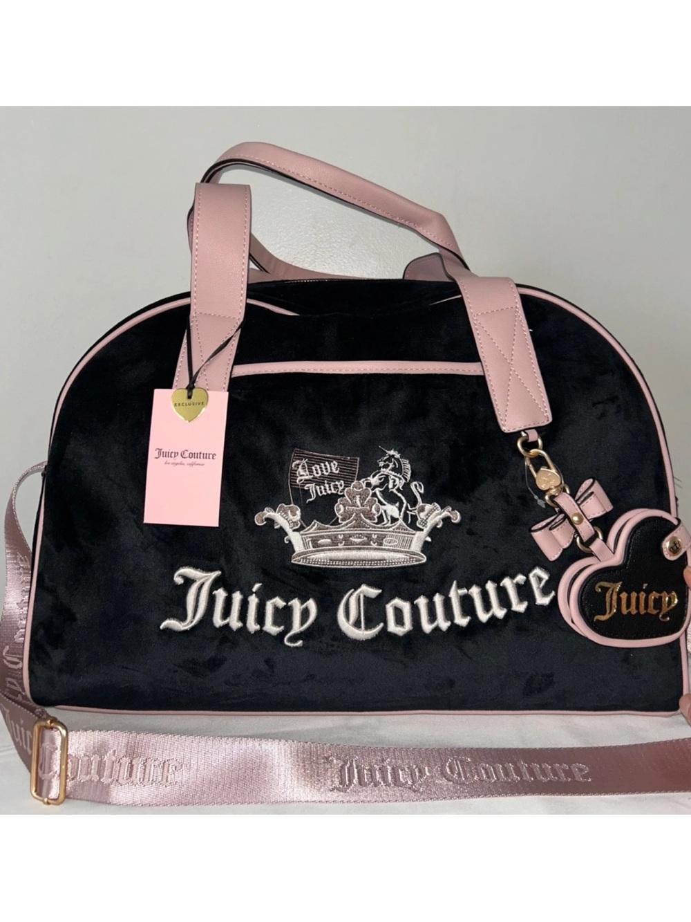 NEW! JUICY COUTURE Velour Juicy Crown Weekender Bag in Black/Pink